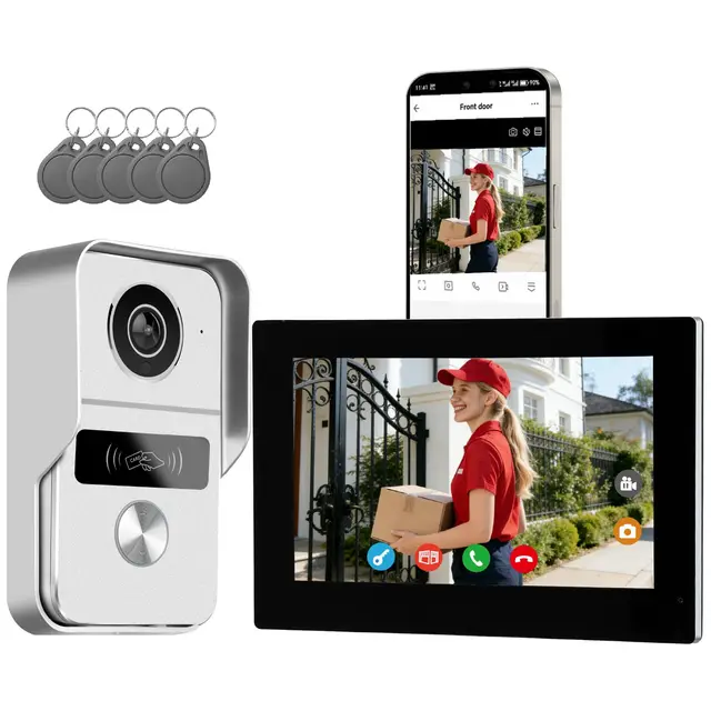 2 Hilos Videoportero Sistema de Intercomunicación 1080P, 7'' Monitor Táctil a Color, Desbloqueo en App y RFID, Detección de Movimiento Humano, Audio Bidireccional,WiFi6 2,4/5GHz,KW02_IP7