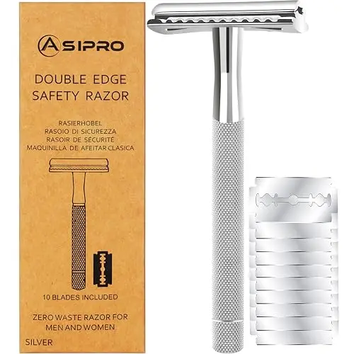 Safety Razor Maquinilla Afeitar Clasica con 10 Cuchillas de Afeitar Doble Filo para Hombre y Mujer Kit, Cuchilla Afeitar Clаsica, Afeitadora Tradicional, Maquinilla de Afeitar Hombre Clasica