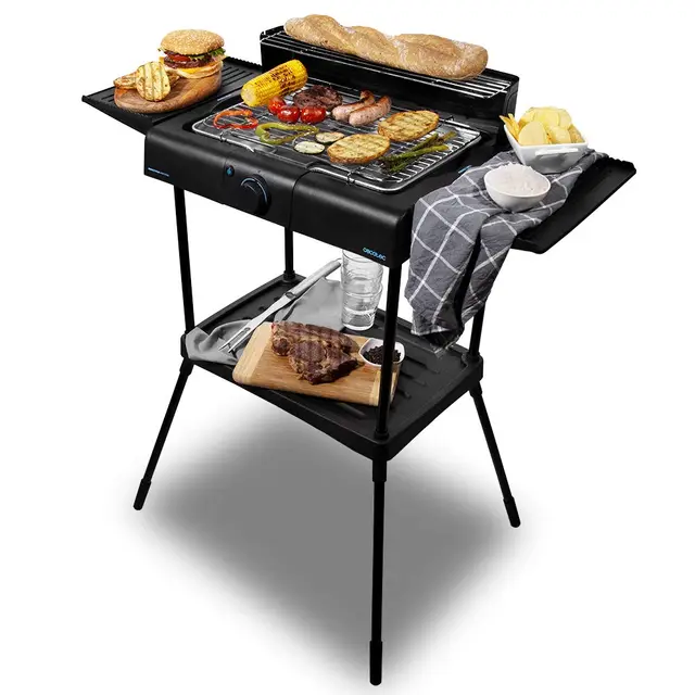 Cecotec Barbacoa eléctrica PerfectSteak 4250 Stand con 2400 W, Parrilla de Acero Inoxidable, Soportes con Gran Superficie, 3 Niveles de Altura y Panel Cortavientos, Acero Inoxidable, PerfectSteak