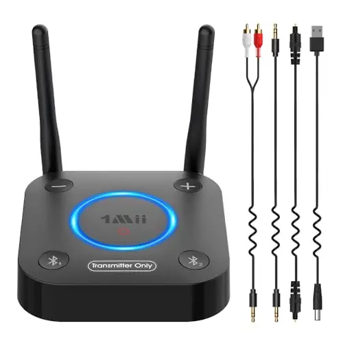 1Mii B06TX Transmisor Bluetooth 5.3 para TV a 2 Auriculares Bluetooth, Adaptador Audio TV con Control de Volumen, Entrada Óptica, Coaxial, AUX/RCA, aptX Baja Latencia/HD, Largo Alcance