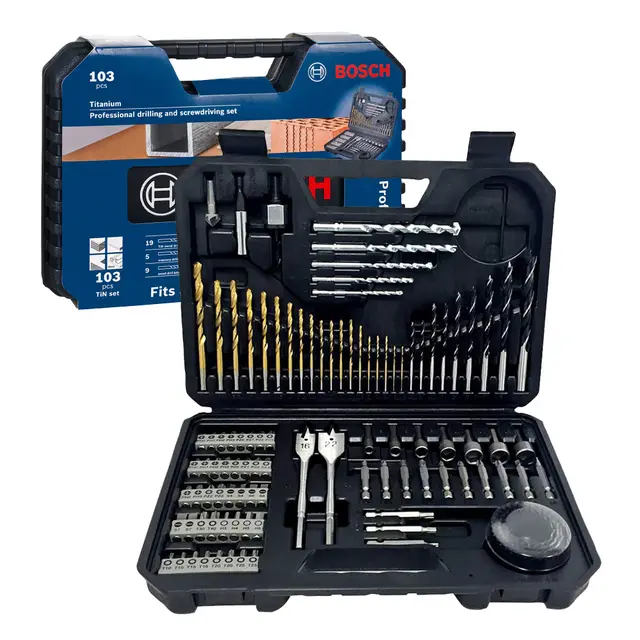 Bosch Juego de 103 piezas mixtas de brocas y puntas de atornillar de titanio (para madera, piedra, metal, para atornilladores y taladros)