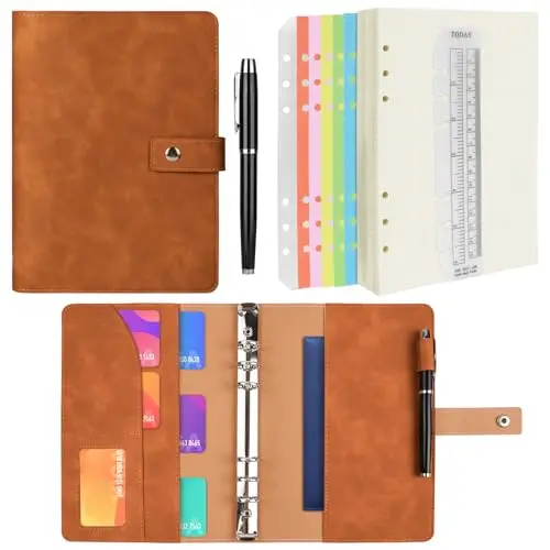 Cuaderno A5 Anillas de Cuero Sintético, Recargable Libretas Bonitas con Cuadrícula de Puntos A5, Bolsillos Interiores y Separador de Índice, Agenda Ahorro para Viajes, Trabajo, Escuela (Marrón)