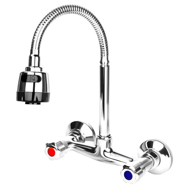 Mezclador de pared de dos manijas de latón, grifo de fregadero giratorio 360°, interruptor de agua fría y caliente, grifo de pared para cocina, grifo de fregadero, 2 modos de drenaje de agua