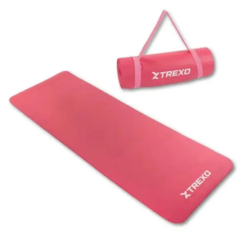 TREXO NBR - Alfombrilla de ejercicio en color rosa claro, 183 x 61 cm, material de excepcional durabilidad y flexibilidad, 15 mm de grosor con textura antideslizante, completa con correa de transporte