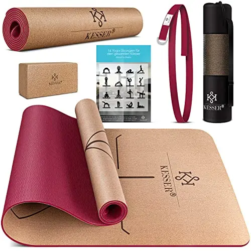 KESSER® Esterilla de Yoga de Corcho, Incl Bolsa con Correa de Transporte y Esterilla de Gimnasia, Esterilla de Yoga, Antideslizante de Caucho Natural, TPE Esterilla de Fitness, 183 x 62