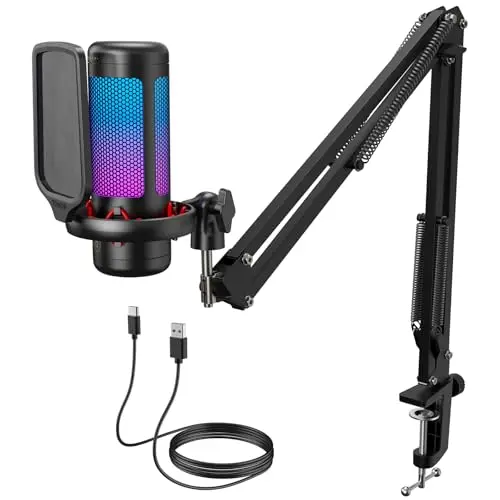 TONOR Microfono Gaming USB para PC PS4/5, Micrófono Condensador Cardioide con Brazo para Podcast, Streaming, Studio, Ordenador, Mic RGB con Ajustable Modos y Brillo, Silencio Rápido, TC310+