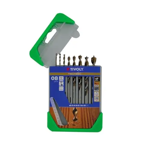 TIVOLY - Caja de Brocas para Madera HSS de Alto Rendimiento - Para Perforacion de Madera - 8 Brocas Graduadas de Bronce Ø 2-3-4-5-6-7-8-10 mm