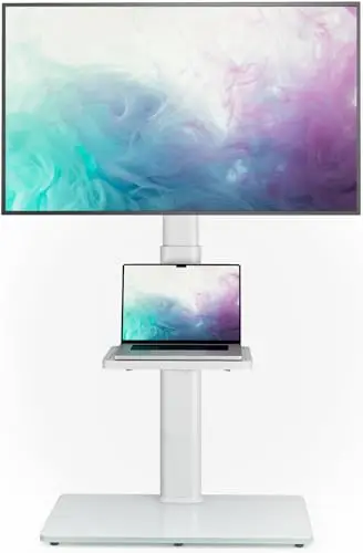 Soporte de TV universal para piso con montaje, giro de 70 grados, 9 niveles de altura ajustable y diseño que ahorra espacio para la mayoría de televisores LCD, LED, OLED de 27 a 65 pulgadas, blanco