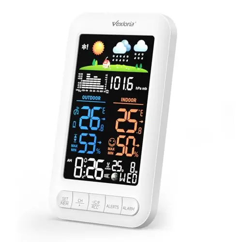 Vexloria EstacióN MeteorolóGica InaláMbrica Con Sensor Exterior, Radio Reloj Digital Dcf, TermóMetro De Interior, HigróMetro De Interior, Pronosticador Del Tiempo, Actualizar VersióN Blanco