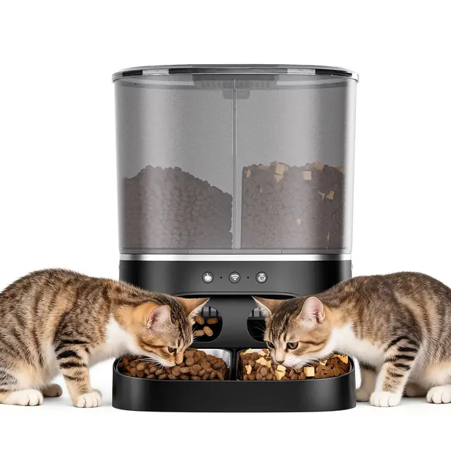Dispensador Automático de Croquetas para Gatos de 8L, 2 Cuencos, WiFi 2.4G, Control por APP, Temporizador Programable, Cuenco Automático de Acero Inoxidable para Gatos, 1-10 Comidas al Día para Perros