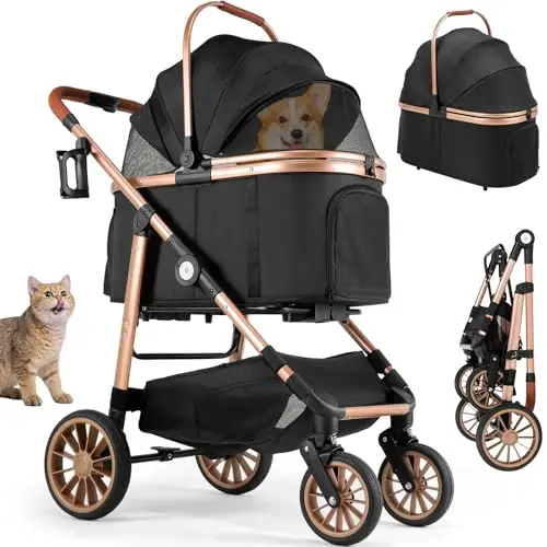 MAMIZO Carrito para perros 4 en 1, Soporta 25 kg, 4 PCS Rueda s de Goma 360°, Amortiguación, Carrito Plegable, Transporte Bolsa, Ventana de Malla, Portavasos Almacenamiento Cesta, Negro