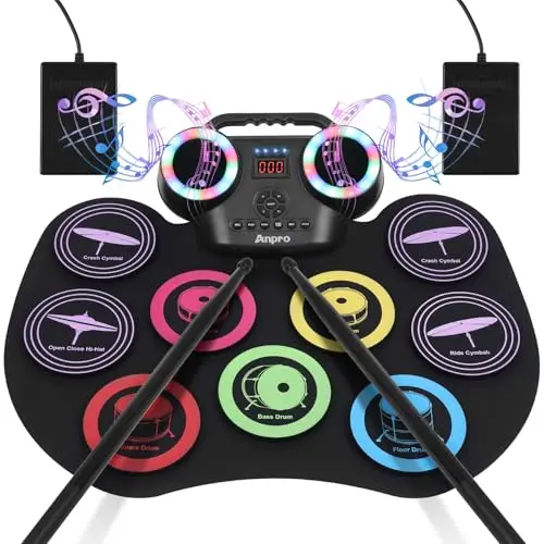 Anpro Kits de Batería Electrónica, Bateria Musical con 9 Almohadillas de Batería, Batería Musical para Niños Pantalla LED a Color