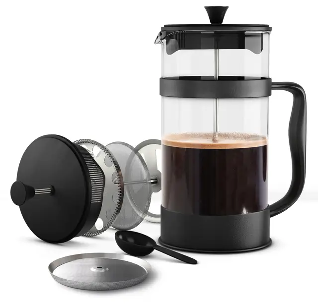 KICHLY Cafetera de prensa francesa - Cafetera portátil con triple filtro - Vidrio resistente al calor con carcasa de acero inoxidable - Jarra grande para el hogar - 350ml / 12Oz - Negro