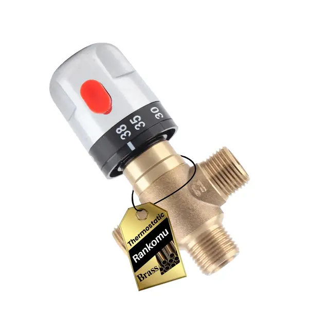 Válvula Mezcladora Termostática Latón, Control de Temperatura Agua Grifo Lavabo, Termostato 38°C con Seguridad 42°C, Fácil Instalación, Entrada 15 mm, Para Baño Cocina Lavadero