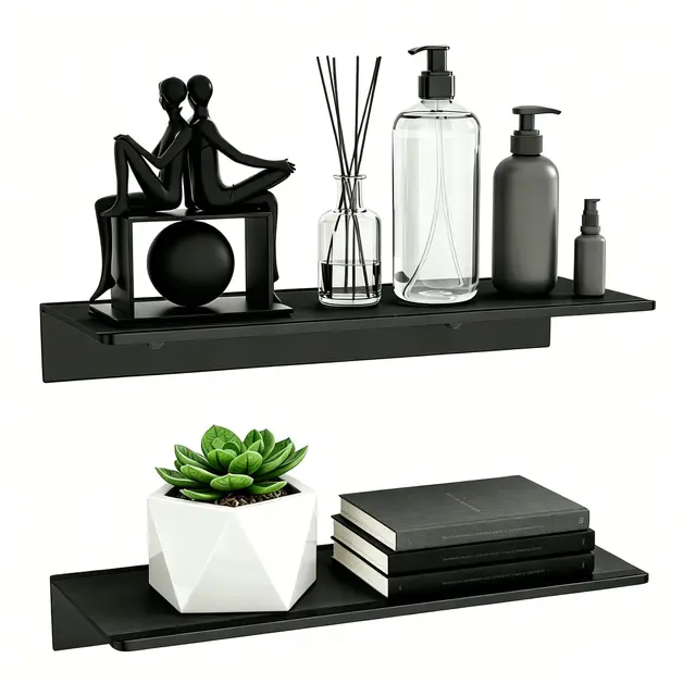 Wisfame - Set de 2 Baldas Flotantes Pared de Metal Negro, 30x12 cm Balda de Pared, Estanteria Baño, Estantería Decorativa para Baño, Dormitorio, Salón, Cocina y Oficina