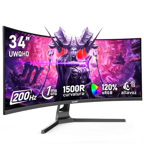 Gawfolk Monitor para Juegos Curvo Ultrawide 34 Pulgadas (200Hz, UWQHD 3440x1440) - 1500R, 120% sRGB, Adaptive Sync, Altavoces Integrados, HDMI/Display Port, Compatible con Montaje en Pared, Negro