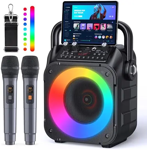 Karaoke, Altavoz Bluetooth Portátil para Adultos con 2 Micrófonos Inalámbricos, Sistema PA para Adultos y Niños con Luces LED para Fiestas (Negro)