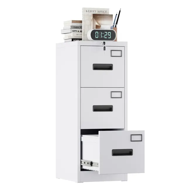 A4 Armario Archivador Metálico, 3 Cajonera Oficina Archivadores Verticales, Bloqueable, Incluye 2 Llaves, Dispositivo de Inserción, Muebles Oficina
