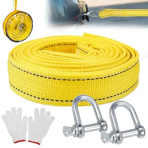 Cuerda de remolque para coche, 4 m, 5 toneladas, color amarillo, universal, para coche, camión, SUV, furgoneta, remolque, de poliéster, con 2 ganchos reforzados y 2 guantes para rescate de coches