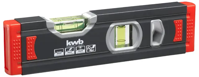 kwb Mini nivel de burbuja de aluminio de 1 mm de 20 cm, nivel de burbuja asegurado, m de precisión, pulido preciso, 1 burbuja horizontal y vertical, incluye protección contra caídas de goma,