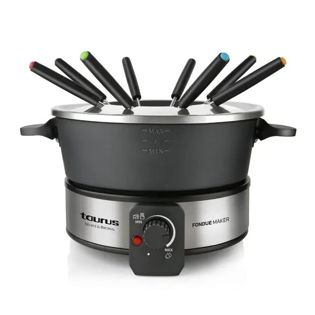 Taurus – Fondue Eléctrica FF2, 1000W, 2L, 8 Personas, Termostato Regulable 200ºC, Olla Antiadherente, Sin PFOA, Chocolate, Queso, Caldo y Aceite, 8 Tenedores, Asa Transporte, Lavavajillas, Negro
