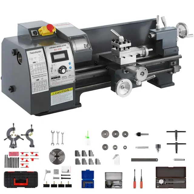 VEVOR Torno de Metal 210x400 mm Mini Torno de Madera Pantalla Digital Velocidad Variable 50-2500 rpm Kit de Torno Electrónico Fresas Portabrocas Herramientas de Medición para Trabajos de Precisión