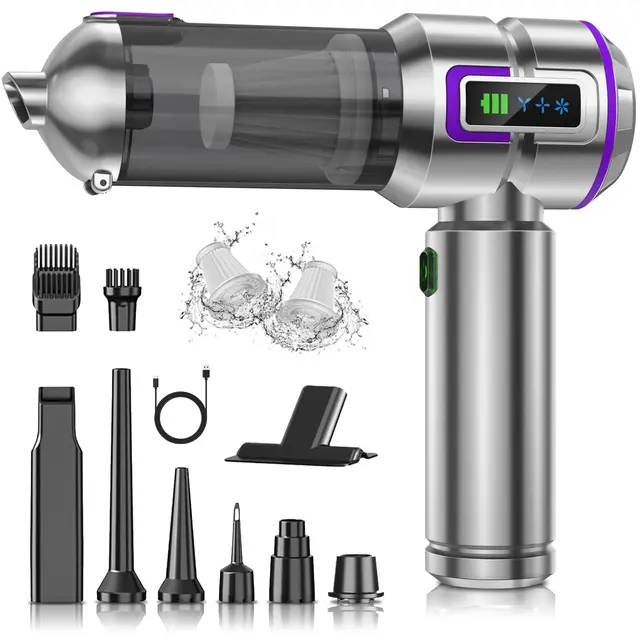 Aspirador de Mano, 25000Pa 4 en 1 Aspiradora sin Cable, Descarga de Polvo Auto-Aspirador con un Toque, Motor sin Escobillas, 3 Niveles de Succión, para el Hogar/Oficina/Coche/Pelo, Plateado