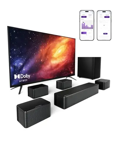 ULTIMEA 7.1ch Barra de Sonido con Dolby Atmos, 3D Sonido Envolvente, Control por App, Barra Sonido TV con Subwoofer Inalámbrico y 4 Altavoces con Cable, 460W, Bluetooth 5.3, 6 Modos EQ, Poseidon D80