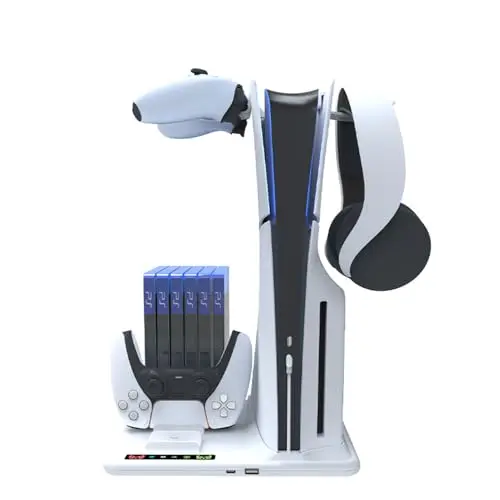 Soporte de refrigeración para PS5 Slim con estación de Carga de Controladores duales PS5, estación de enfriamiento para PS5 Slim Consola con Ranura para 6 Discos de Juego, con 2 colgadores
