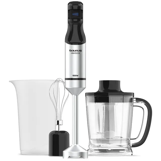 Taurus - Batidora de mano | 1500W Potencia | Regulador de 20 velocidades ajustable | Función Turbo | Cuchillas de acero inoxidable | Pica hielo | Diseño ergonómico | Vaso medidor 700 ml | Inox
