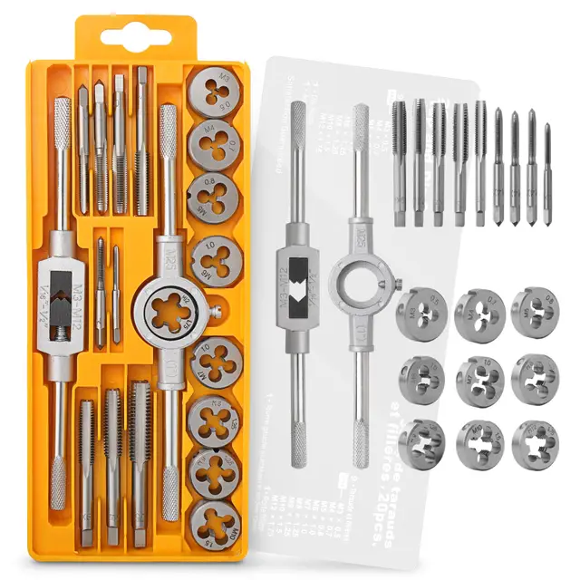 Hi-Spec Juego de Terrajas y Machos de 20 Piezas. Troqueles Métricos, Grifos y Manijas de LLave. Juego de Herramientas Manuales para Cortar, Roscar, y Moldear Tuercas, Pernos, Tornillos, Bujias, y Mas.