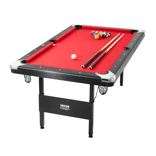 VEVOR Mesa de Billar 192x109x81 cm Kit de Billar Plegable y Portátil Set Completo de Accesorios con Bolas, Tacos, Tizas y Pincel Color Negro con Tela Roja para Sala de Juegos, Hogar, Club, Cafetería