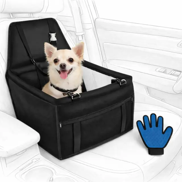 Transportín para Perros y Gatos para Coche | Asiento Seguro y Reforzado con Correa de Seguridad | Impermeable, Plegable y Universal | Incluye Manopla para Quitar Pelos | 40x40x32 cm