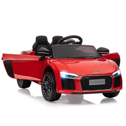 Coche Eléctrico Infantil Audi Modelo 8 con Licencia de 12 V. Control Remoto, Luces LED, Música, Suspensión, Arranque Seguro y Diseño Policial. Vehículo de Batería para Niños de 3 a 6 Años. Rojo