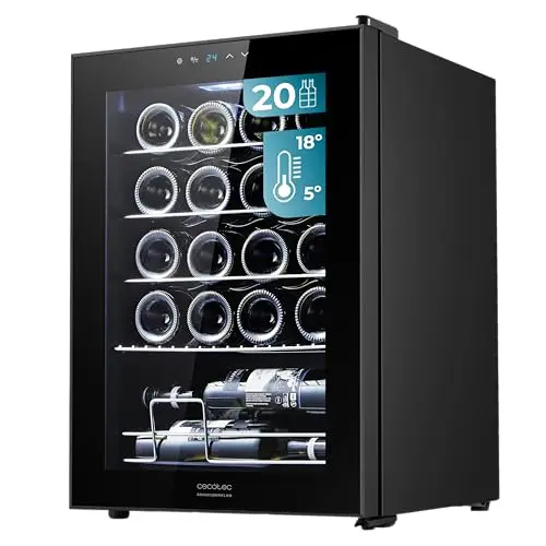 Cecotec Vinoteca, Nevera para Vinos de 20 Botellas Bolero GrandSommelier 2050 Black Compressor. Temperatura ajustable de 5-18ºC, Alto rendimiento, Funcionamiento silencioso y sin Vibraciones