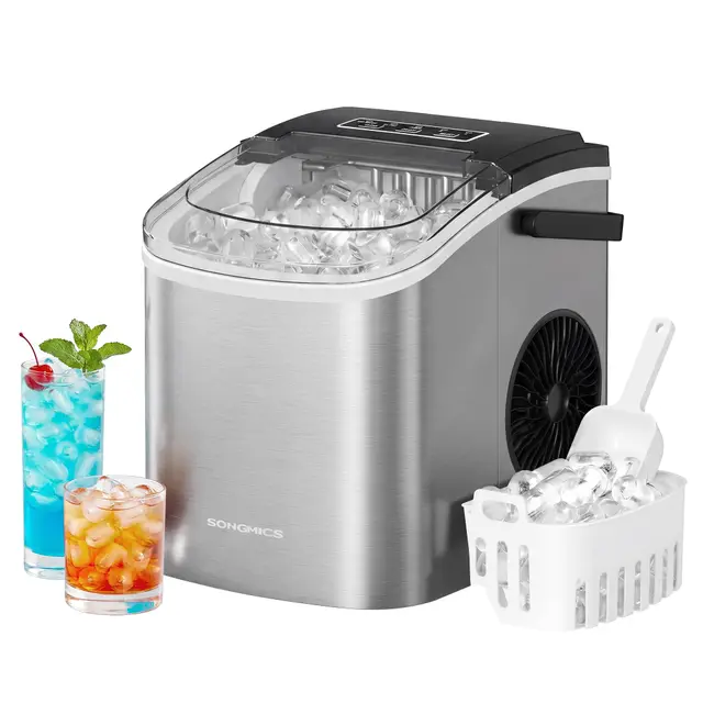 SONGMICS Máquina de Hielo, Máquina de Cubitos Autolimpiante, 9 Cubitos en 6 Minutos en 2 Tamaños, 12 kg en 24 Horas, Portátil, Casa, Cocina, Oficina, Fiestas Camping, Gris Plateado XZB001E1EU