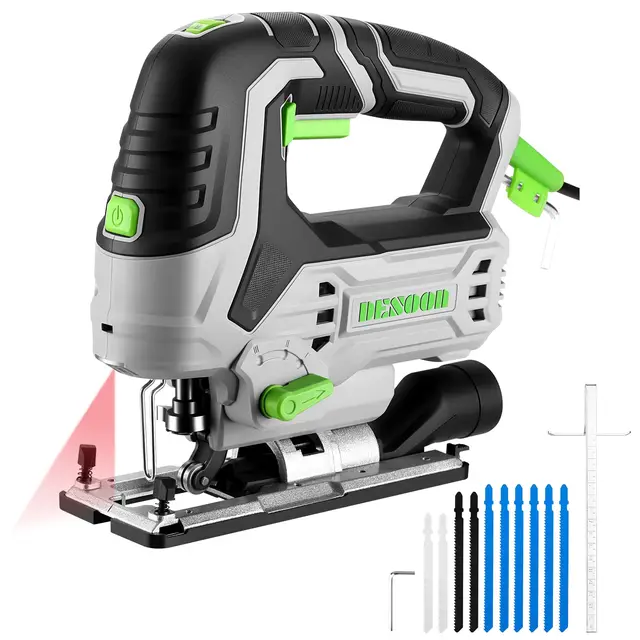 DESOON Sierra de calar de 800W, Sierra para Madera con Luz LED y Láser, Velocidad Variable de 800 a 3000 SPM, Corte Inclinable ±45°, Incluye 10 Hojas de Sierra para cortar metal, madera y plástico