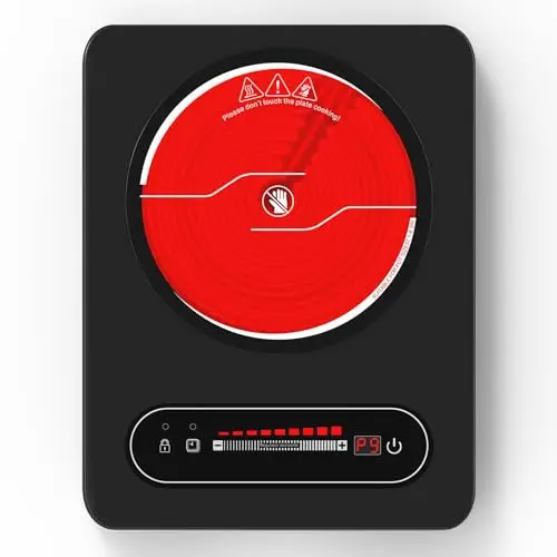 VBGK Placa Vitrocerámica Portatil 2000W, Placas de Induccion con Indicador de Alta Temperatura, Controles Táctiles, Bloqueo para Niños, 9 Niveles de Potencia, Cocina de Cerámica para Todas Ollas