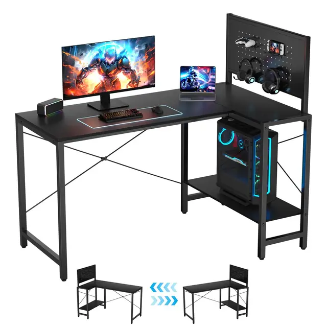 Escritorio Esquinero en L de 125x70 cm con Cajón y Panel de Mural, Mesa Escritorio Altura Ergonómica 75 cm, Mesa Home Office Teletrabajo Estudio, Negro
