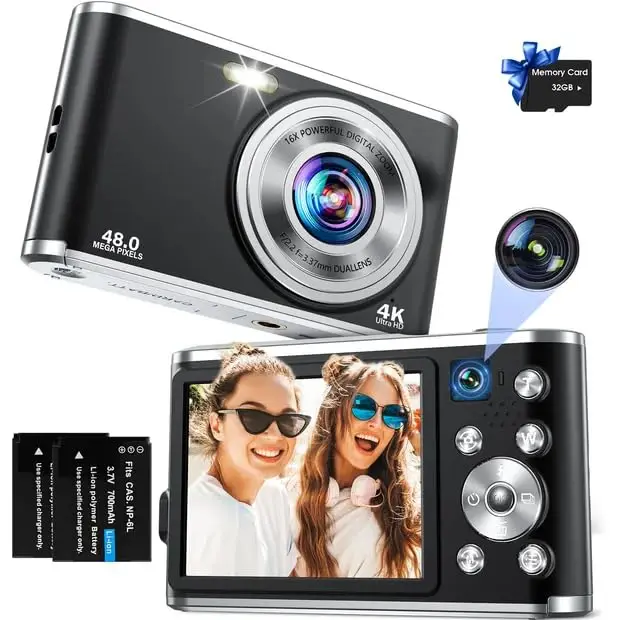 Cámara Digital, 4K Cámara Digital Compacta con Tarjeta SD 32G Cámara Dual Delantera y Trasera, HD 48MP con Pantalla Grande de 2.8", Zoom Digital 16X, para Principiantes