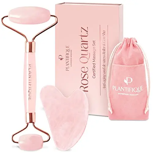 PLANTIFIQUE Gua Sha y Rodillo Facial de Cuarzo Rosa - Masajeador Facial Antiarrugas para Tonificar la Piel - Face Roller - Rodillo Masaje y Guasha de Piedra Natural