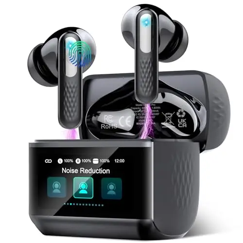 Auriculares Inalámbricos con Pantalla Táctil LED, 2026 Auriculares Bluetooth 5.4 HiFi Estéreo con HD Mic, 48H Cascos Inalambricos Bluetooth con Reducción de Ruido ANC+ENC, 5 Modos EQ, IP7 Impermeable