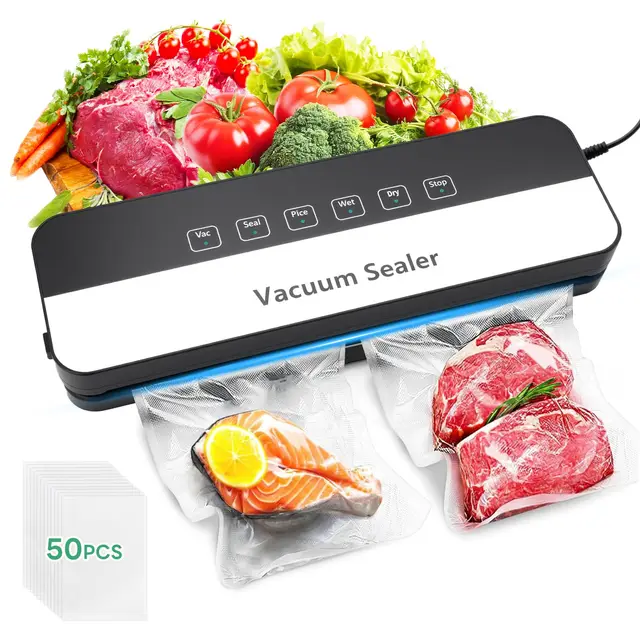 Envasadora al vacío 6 en 1 para alimentos en modo seco/húmedo, sellador de película de alimentos con bolsa de vacío