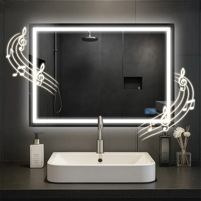 CLP Espejo de baño Jaffrey, Altavoz Bluetooth, antivaho, Espejo de Pared con iluminación LED, Regulable, 3 Modos de luz, Tamaño: