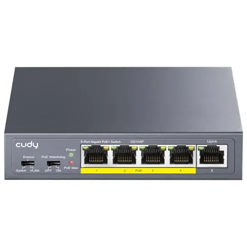 Cudy GS105P - Interruptor PoE Gigabit de 5 Puertos, 4 PoE+ 36 W, Montaje en Escritorio/Pared, Plug and Play, Puertos de Metal Resistente/Blindados, Optimización del Tráfico