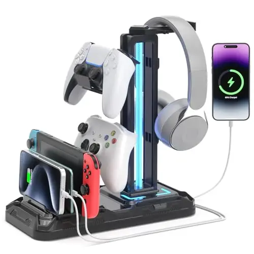 KDD Soporte Auriculares Gaming con Puertos de Carga USB Tipo C - LED Soporte Cascos y Mando Universal con Ranuras para Teléfono & 9 Modos de Luz para Juegos Accesorios Gaming PC Escritorio, Negro
