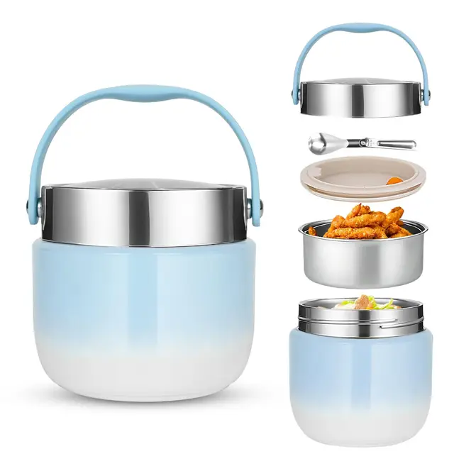 Recipiente térmico para alimentos, 1200 ml, cuenco térmico con tapa, Termo para Comida de acero inoxidable con cuchara plegable, Adecuado para almacenar harina, sopa, almuerzo, queso (Azul)