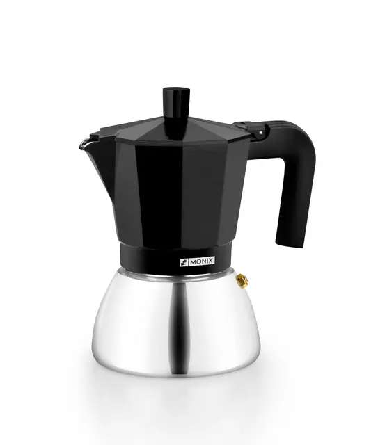 Monix Induction Inox | Cafetera Italiana de Aluminio y Acero Inoxidable, 9 tazas de capacidad, Mango termorresistente, Fácil de Lavar, Apta para todo tipo de Cocinas incluida Inducción, color negro