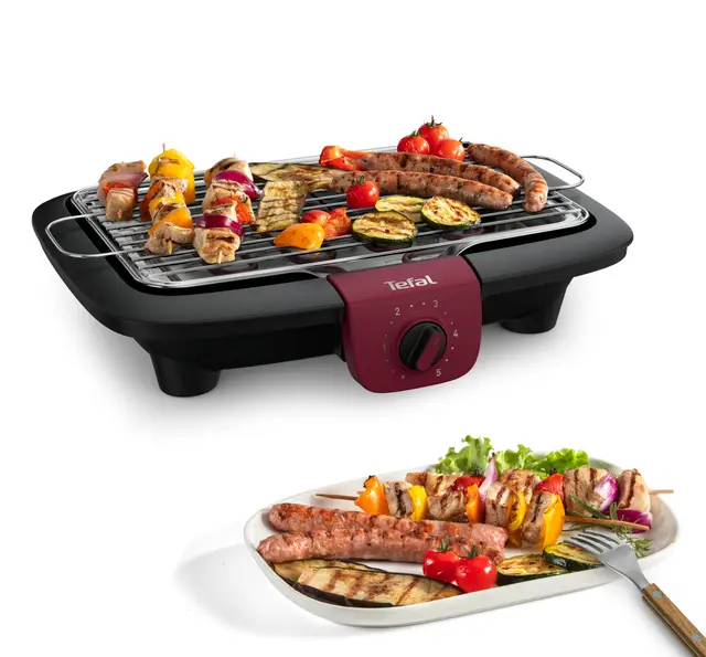 Tefal BG90E5 Easygrill Adjust Parrilla eléctrica de mesa, 2300 W, superficie de 720 cm², fácil limpieza, color negro y burdeos