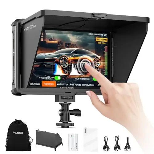 VILTROX DC-L1 Monitor de Campo de La Cámara de Pantalla Táctil Externo Camera Monitor 600Nit 7 Pulgadas 1280x800 IPS 4K HDMI 3D LUT con Batería Parasol para Sony Canon Nikon Fuji DSLR